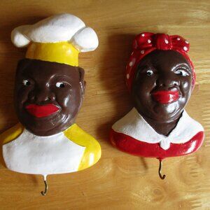 Vtg 2- Black Americana Chalkware Man & Woman Bakers Wall Hang